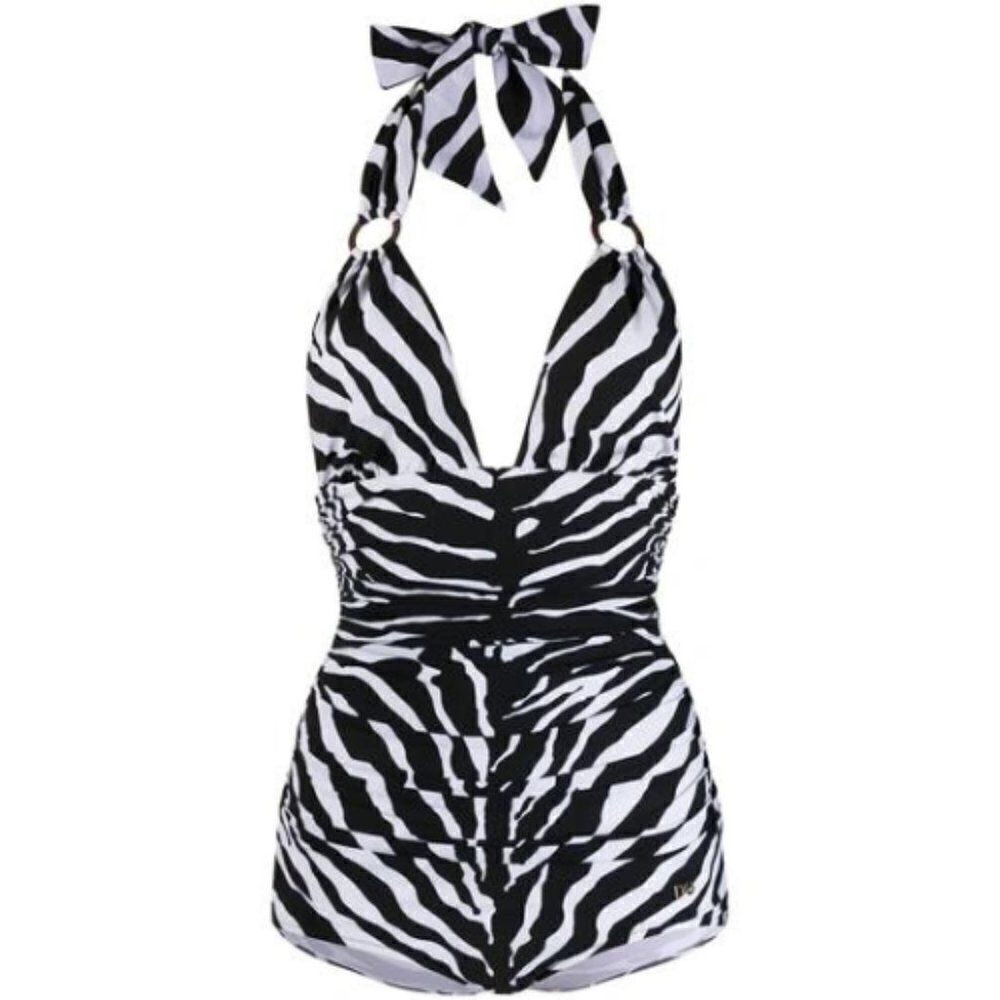 DOLCE & GABBANA Women One-piece Zebra Print & Plunging Neckline Swimsuit Size S